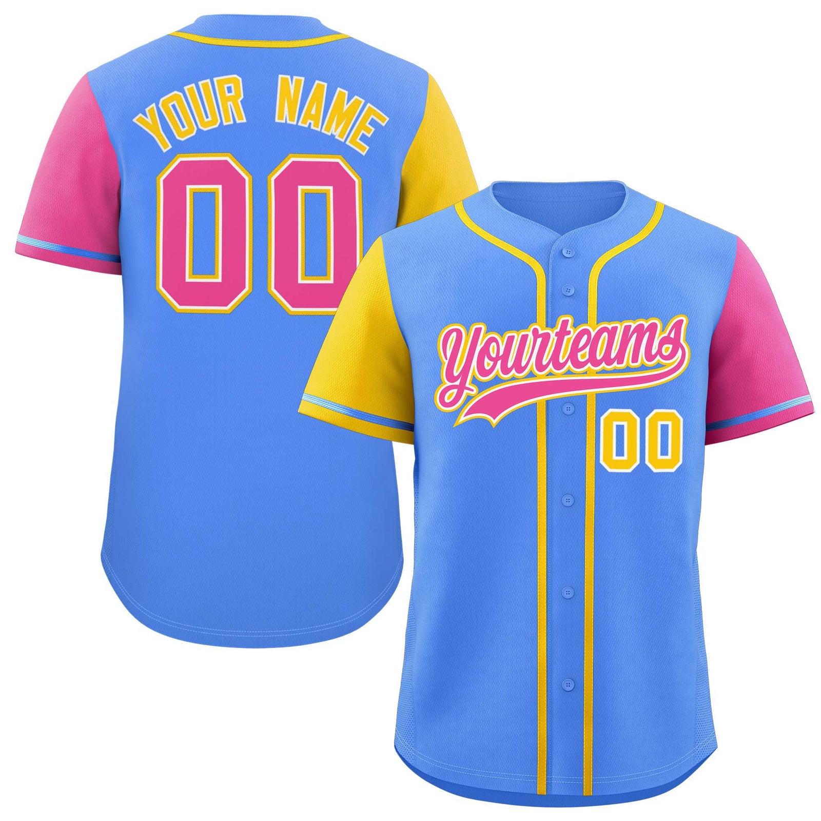 Custom Powder Blue Gold and Pink Raglan Sleeves Authentic Baseball Jersey