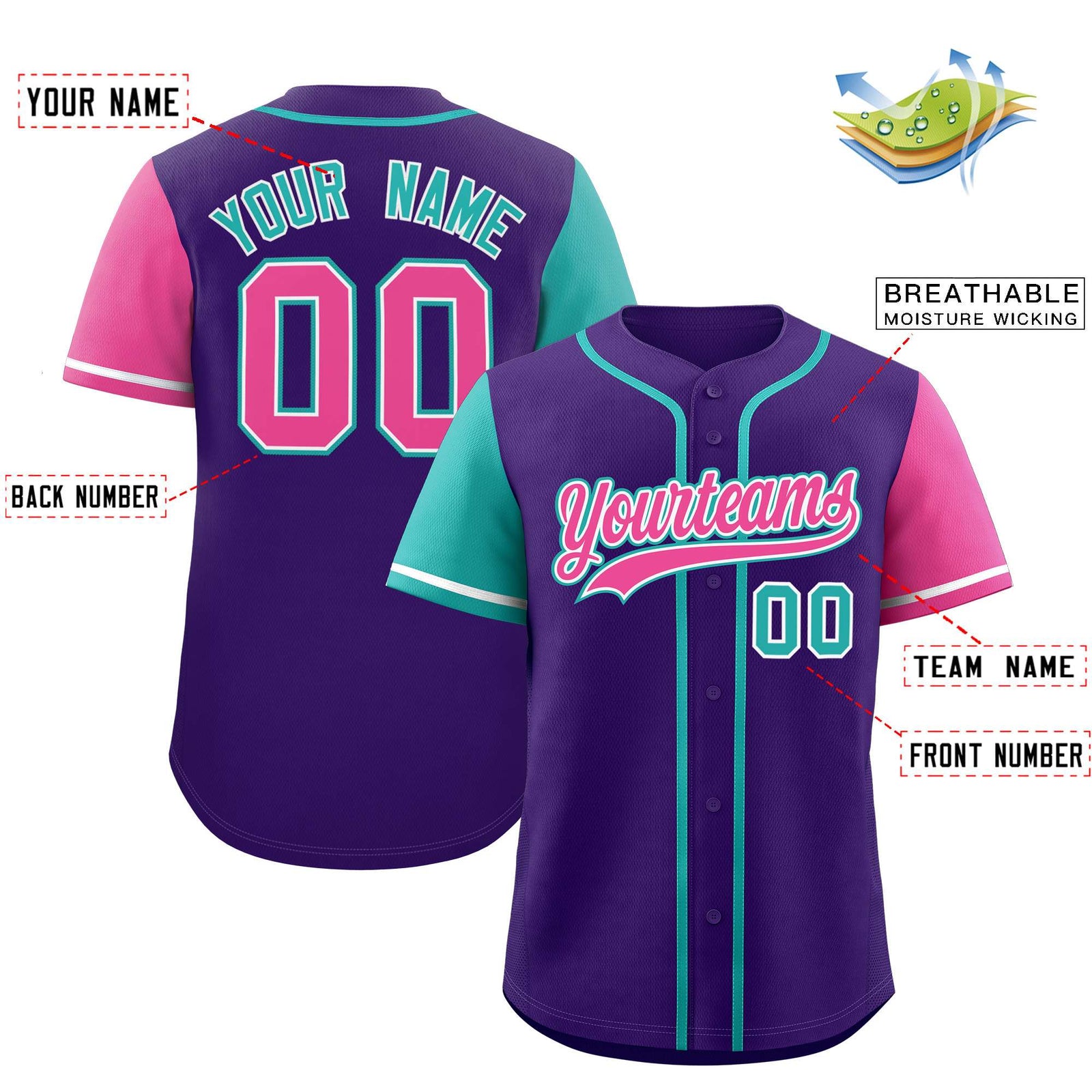 Custom Purple Aqua and Pink Raglan Sleeves Authentic Baseball Jersey