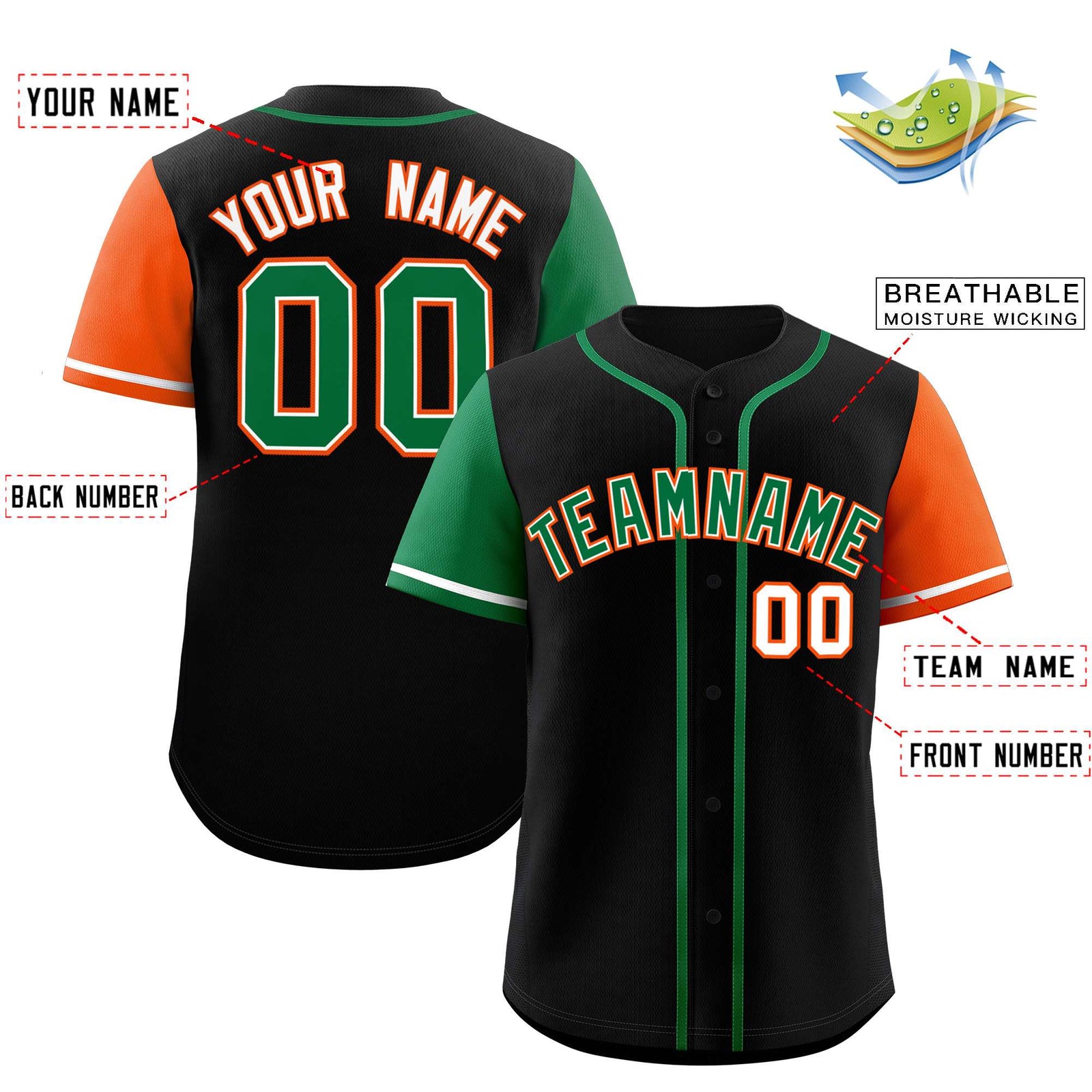 Custom Black Kelly Green and Orange Raglan Sleeves Authentic Baseball Jersey