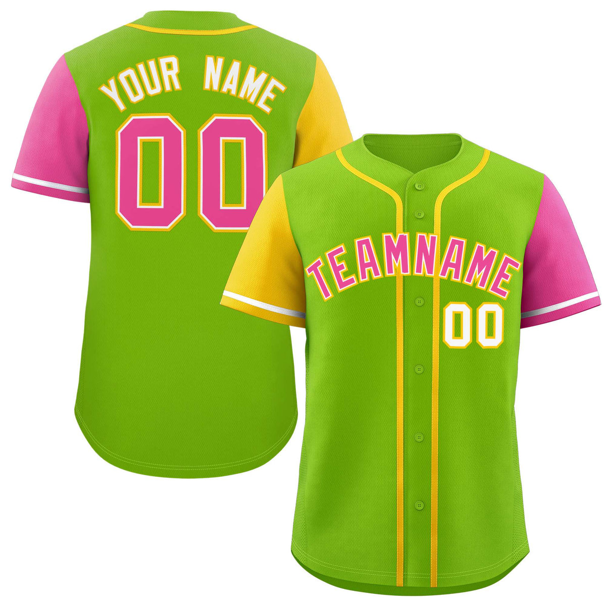 Custom Neon Green Gold and Pink Raglan Sleeves Authentic Baseball Jersey