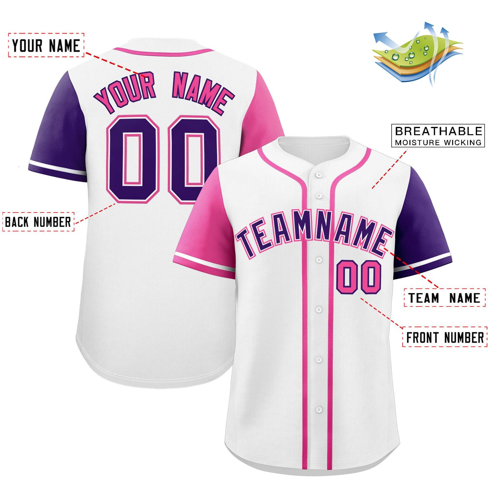 Custom White Pink and Purple Raglan Sleeves Authentic Baseball Jersey