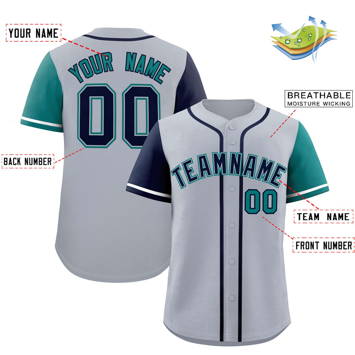 Custom Silver Navy and Aqua Raglan Sleeves Authentic Baseball Jersey