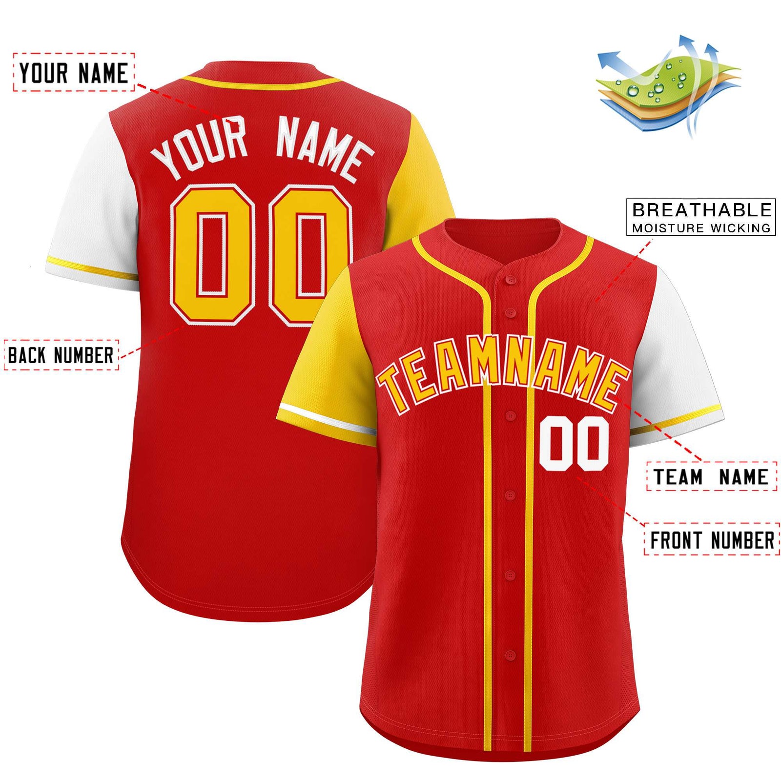 Custom Red Gold and White Raglan Sleeves Authentic Baseball Jersey