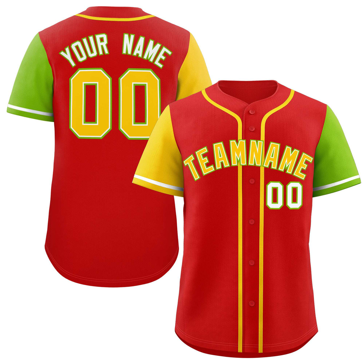 Custom Red Gold and Neon Green Raglan Sleeves Authentic Baseball Jersey