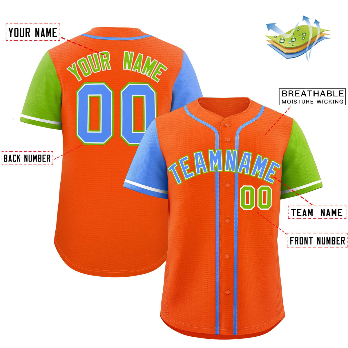 Custom Orange Powder Blue and Neon Green Raglan Sleeves Authentic Baseball Jersey