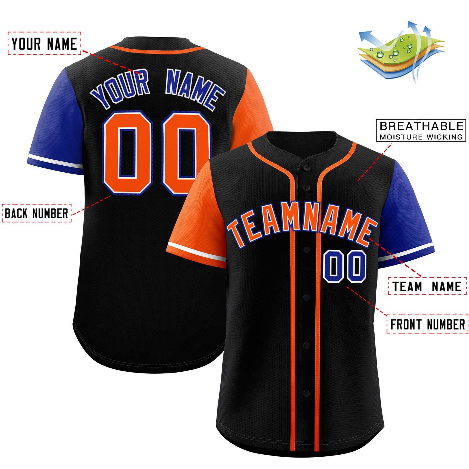 Custom Black Orange and Royal Raglan Sleeves Authentic Baseball Jersey