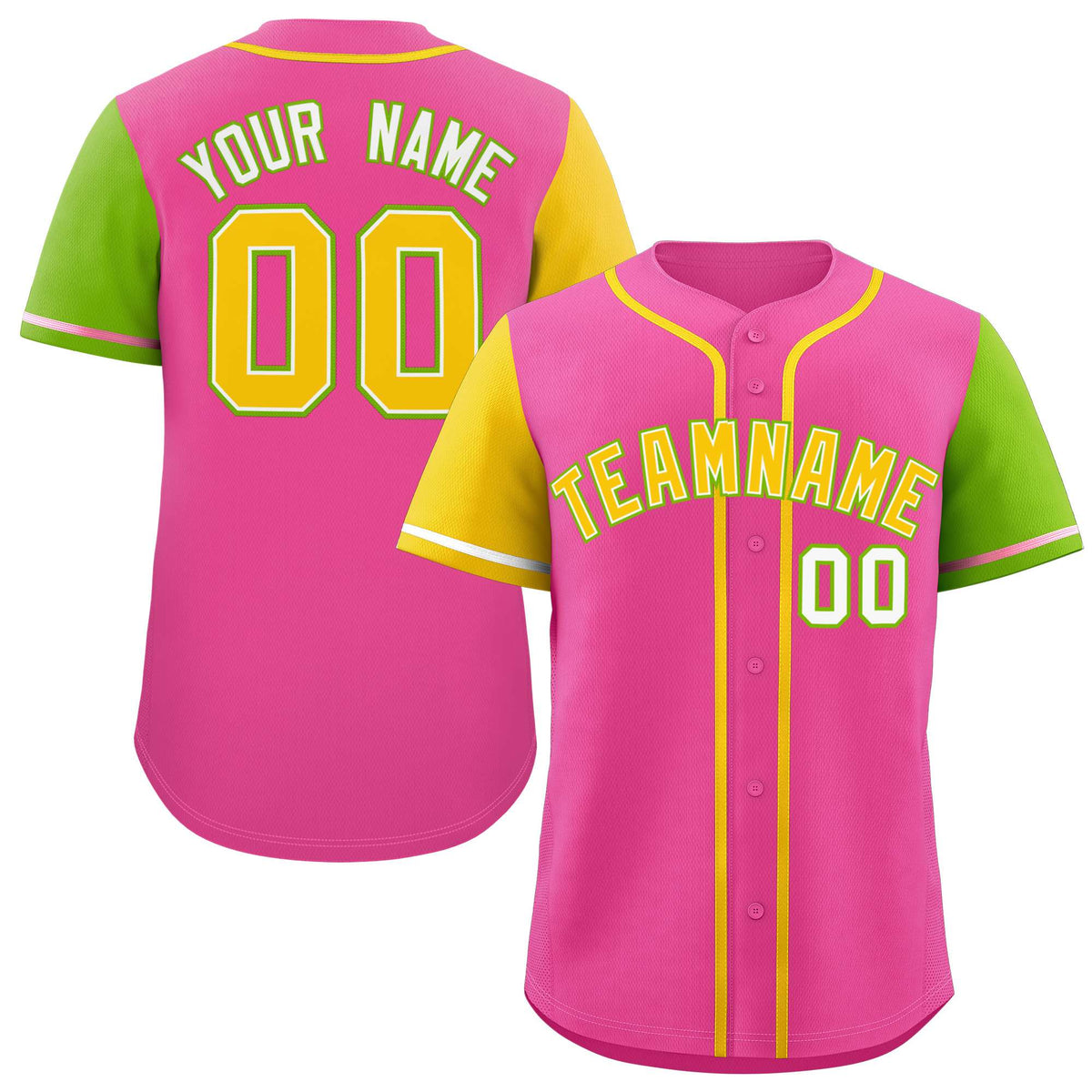Custom Pink Gold and Neon Green Raglan Sleeves Authentic Baseball Jersey