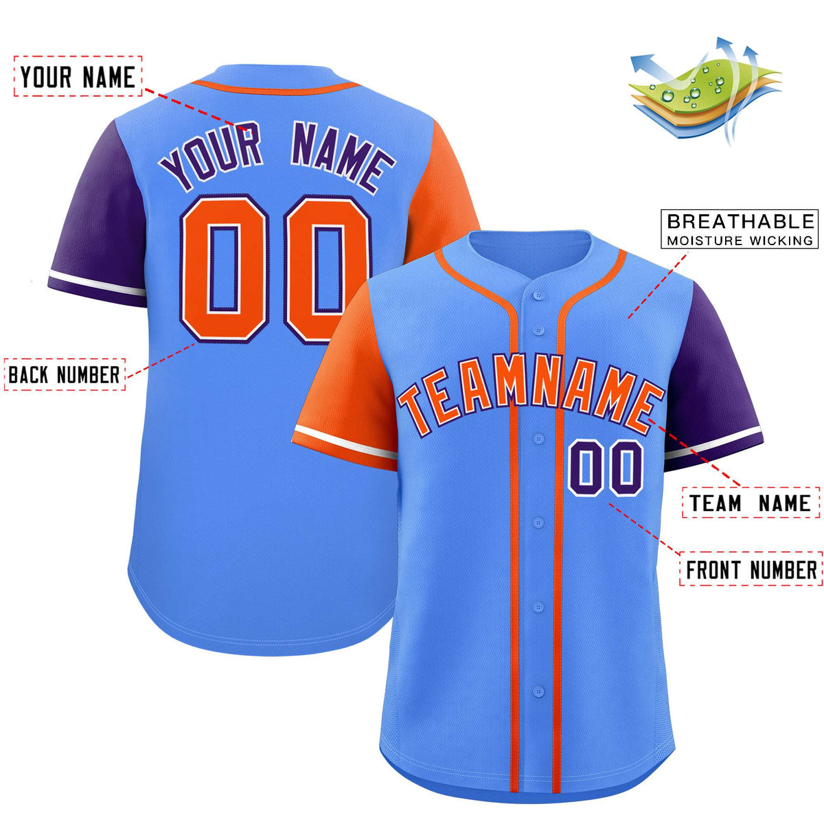 Custom Powder Blue Orange and Purple Raglan Sleeves Authentic Baseball Jersey