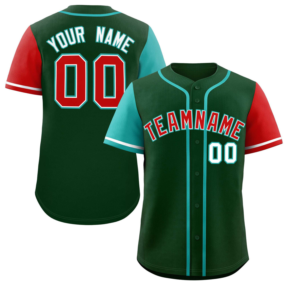 Custom Green Aqua and Red Raglan Sleeves Authentic Baseball Jersey