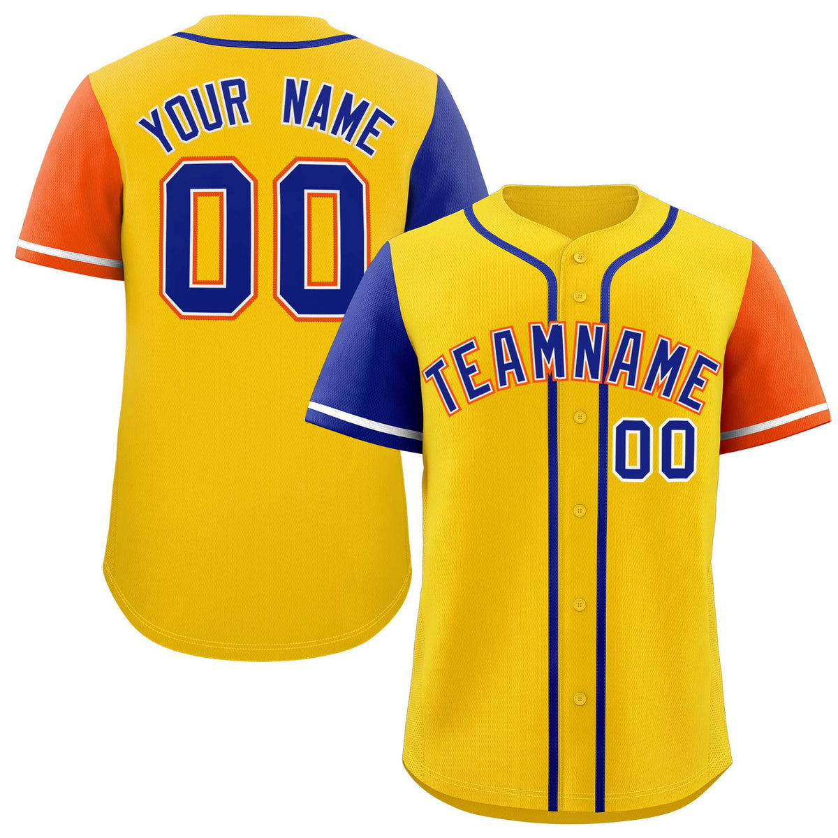 Custom Gold Royal and Orange Raglan Sleeves Authentic Baseball Jersey