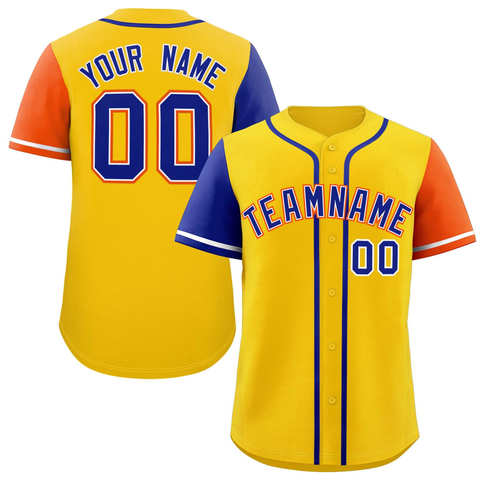 Custom Gold Royal and Orange Raglan Sleeves Authentic Baseball Jersey