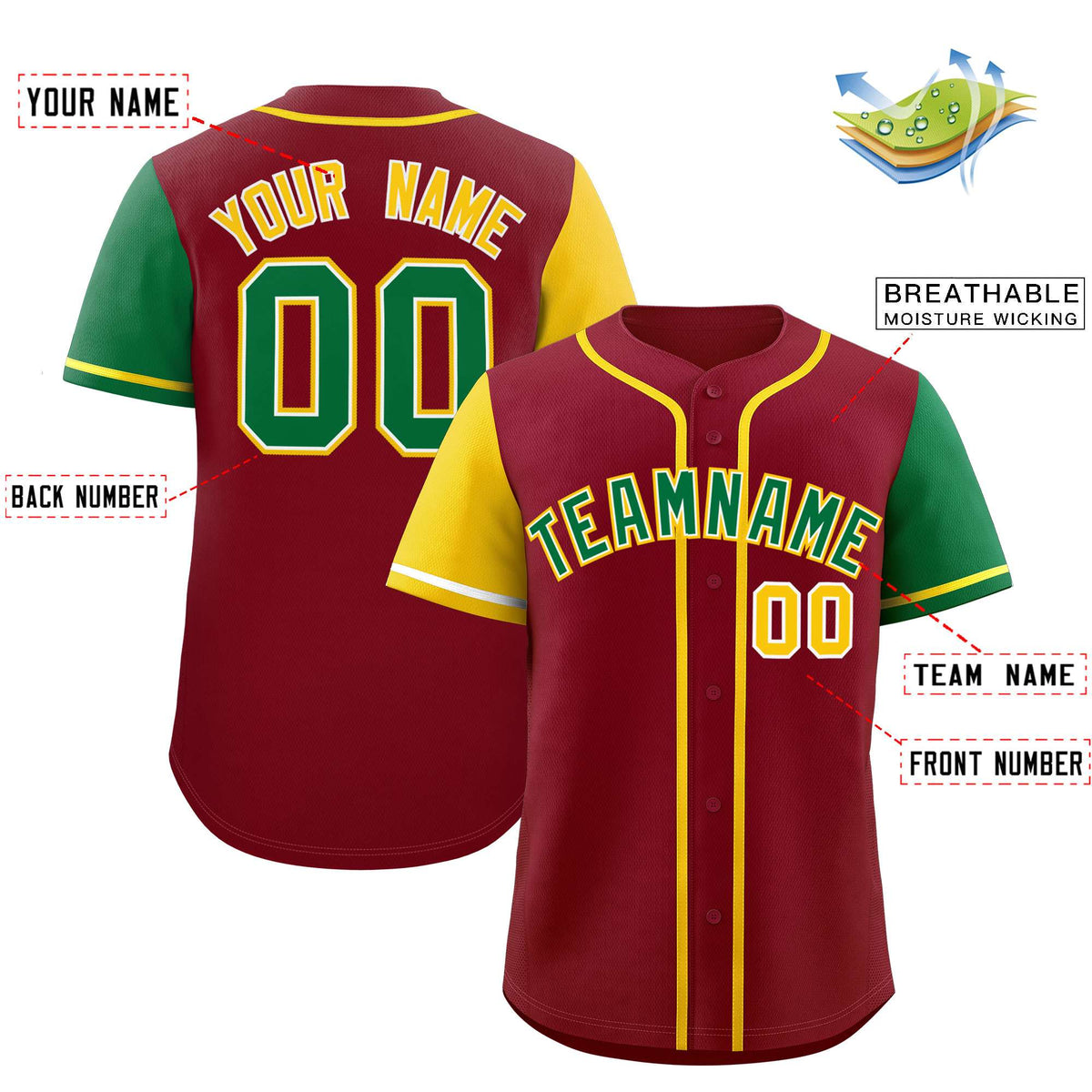 Custom Crimson Gold and Kelly Green Raglan Sleeves Authentic Baseball Jersey