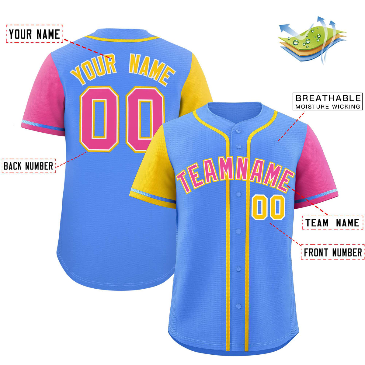 Custom Powder Blue Gold and Pink Raglan Sleeves Authentic Baseball Jersey