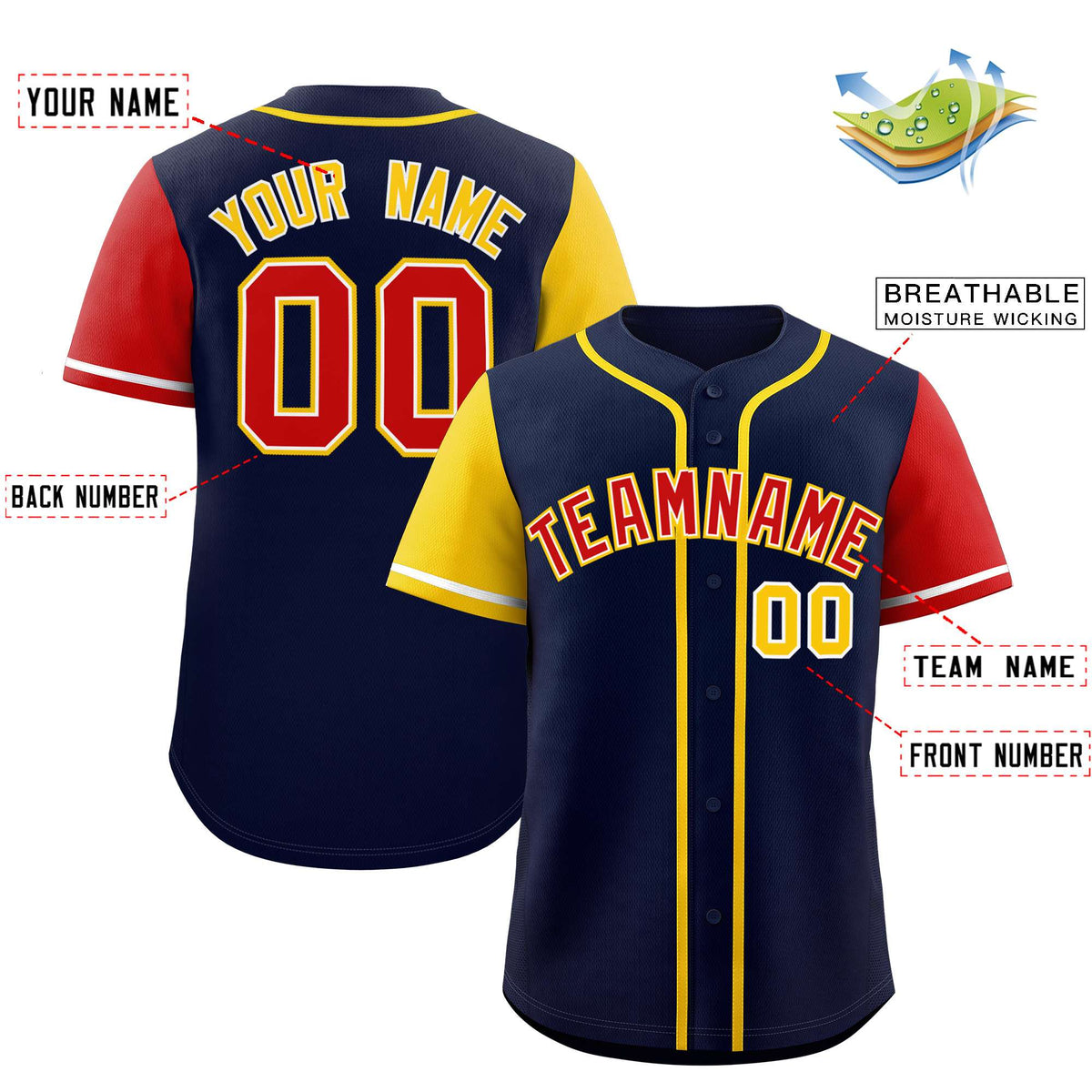 Custom Navy Gold and Red Raglan Sleeves Authentic Baseball Jersey