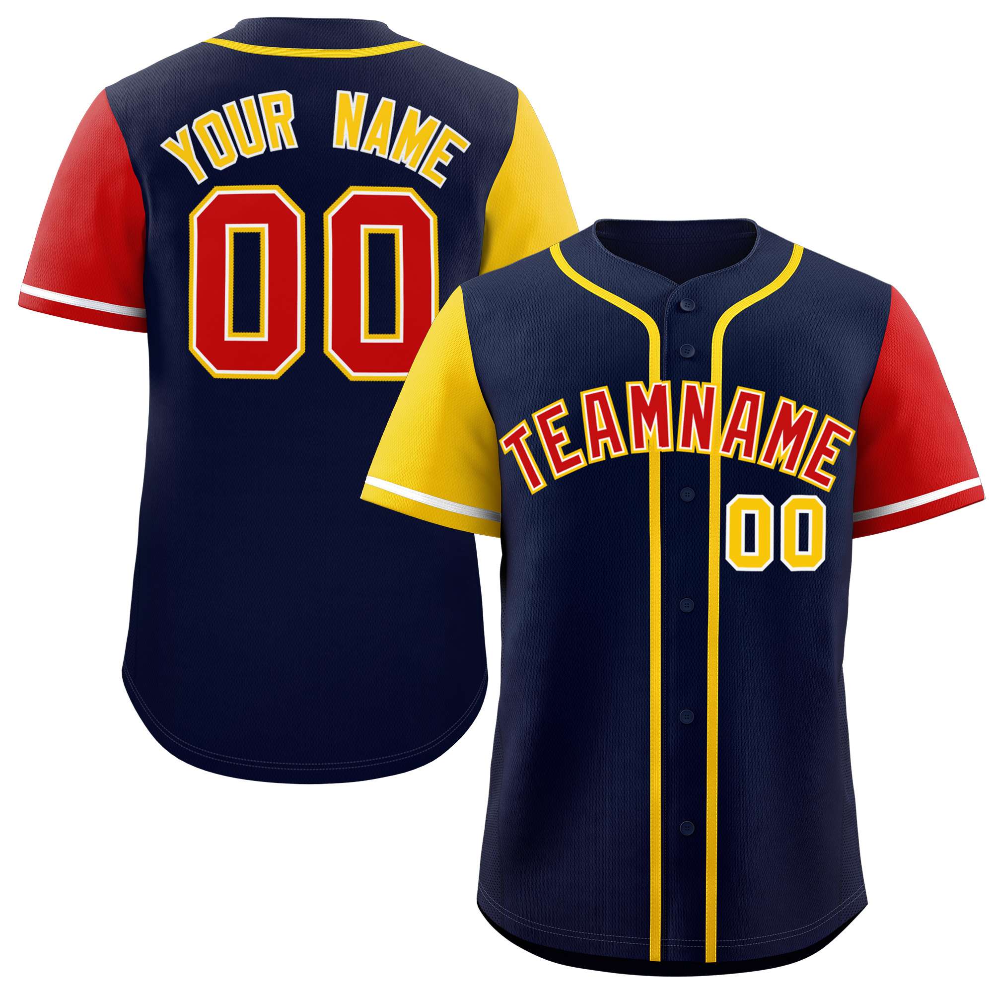 Custom Navy Gold and Red Raglan Sleeves Authentic Baseball Jersey