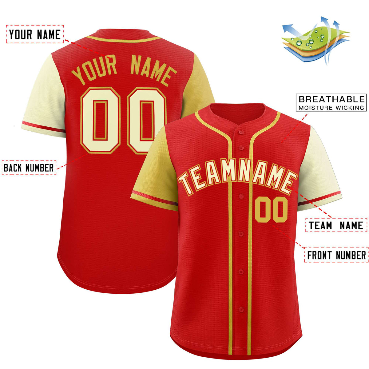 Custom Red Old Gold and Cream Raglan Sleeves Authentic Baseball Jersey