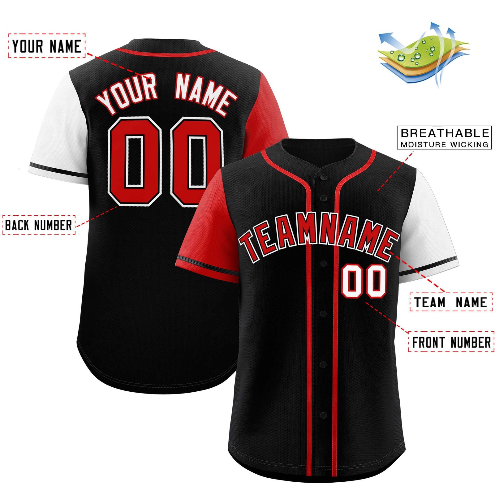 Custom Black Red and White Raglan Sleeves Authentic Baseball Jersey