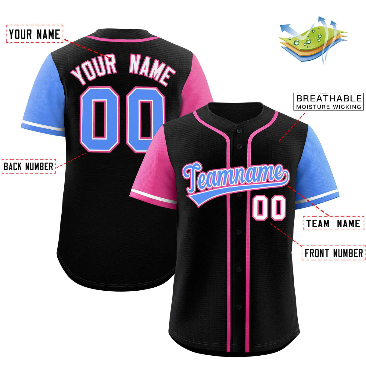 Custom Black Pink and Powder Blue Raglan Sleeves Authentic Baseball Jersey