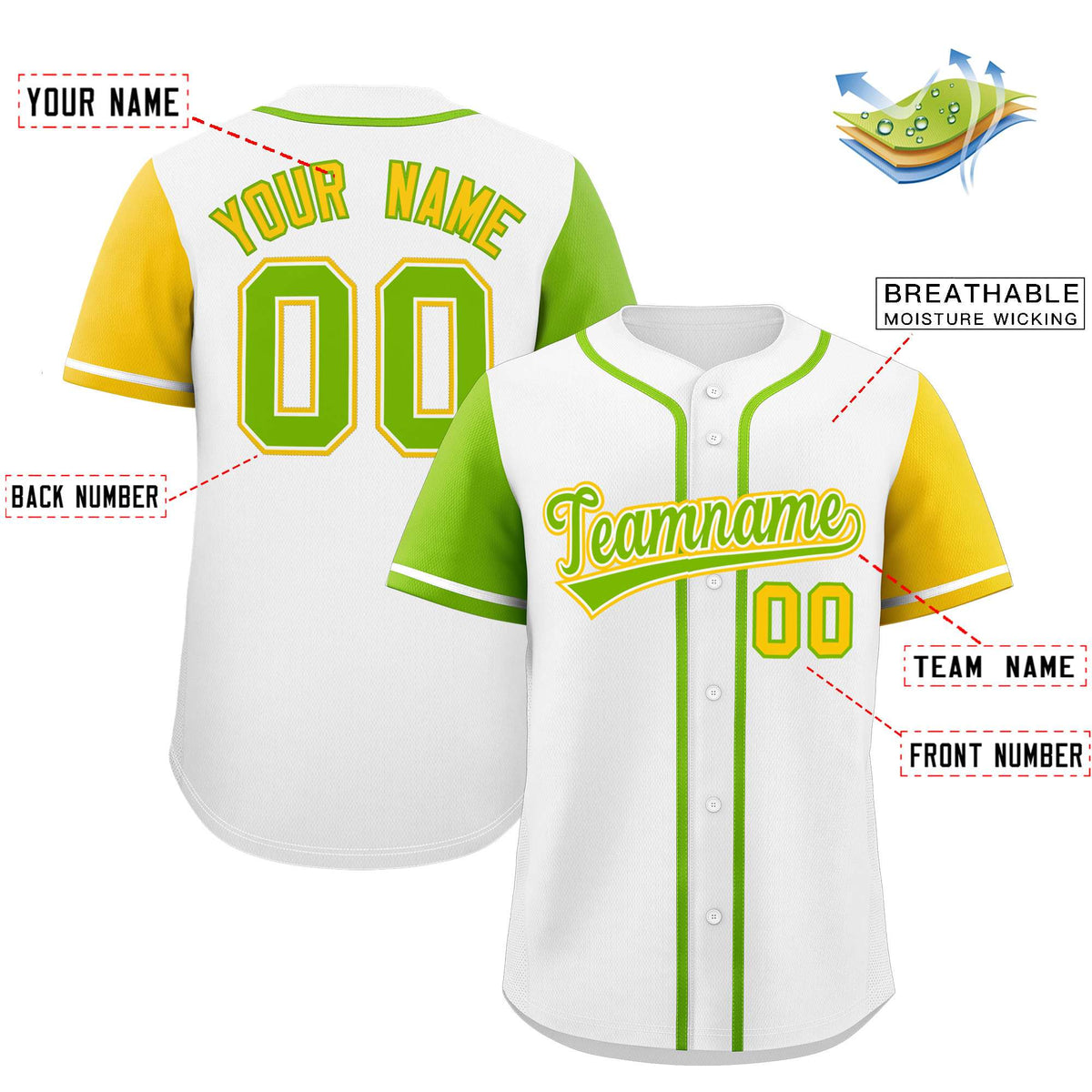 Custom White Neon Green and Gold Raglan Sleeves Authentic Baseball Jersey