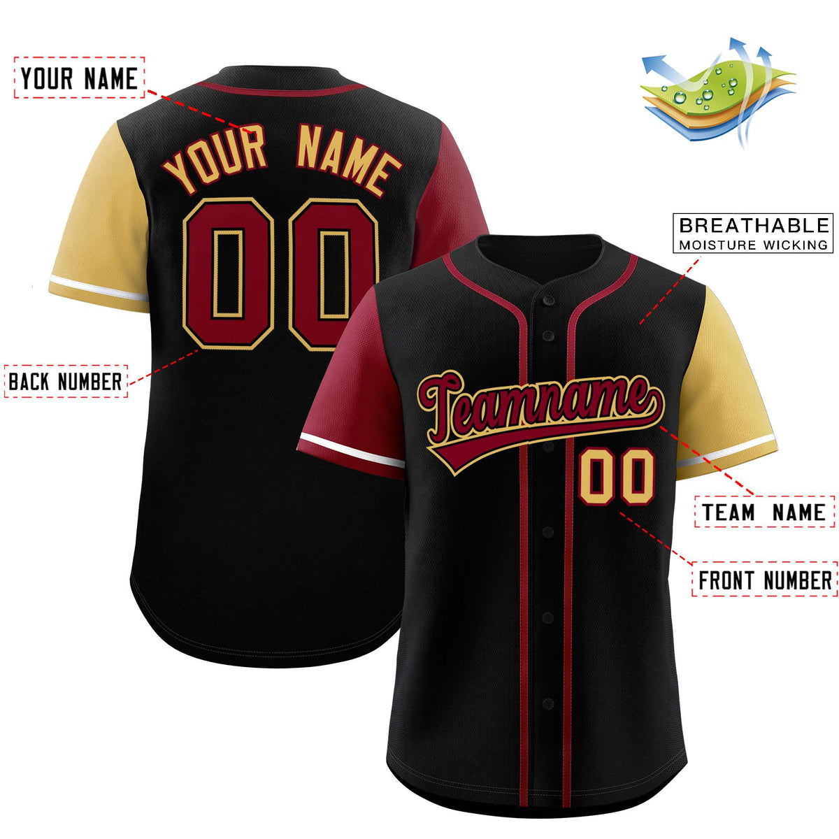 Custom Black Crimson and Khaki Raglan Sleeves Authentic Baseball Jersey