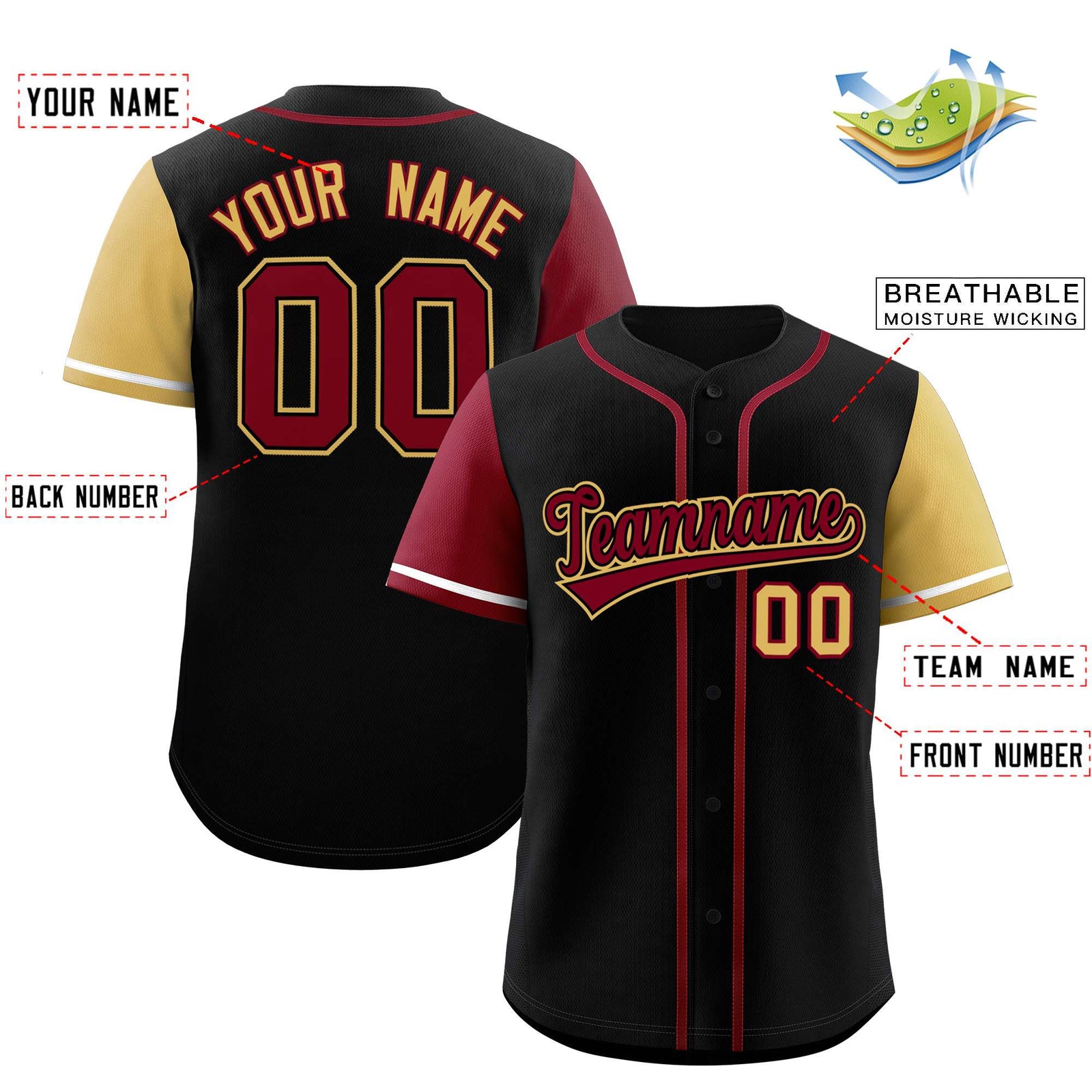 Custom Black Crimson and Khaki Raglan Sleeves Authentic Baseball Jersey