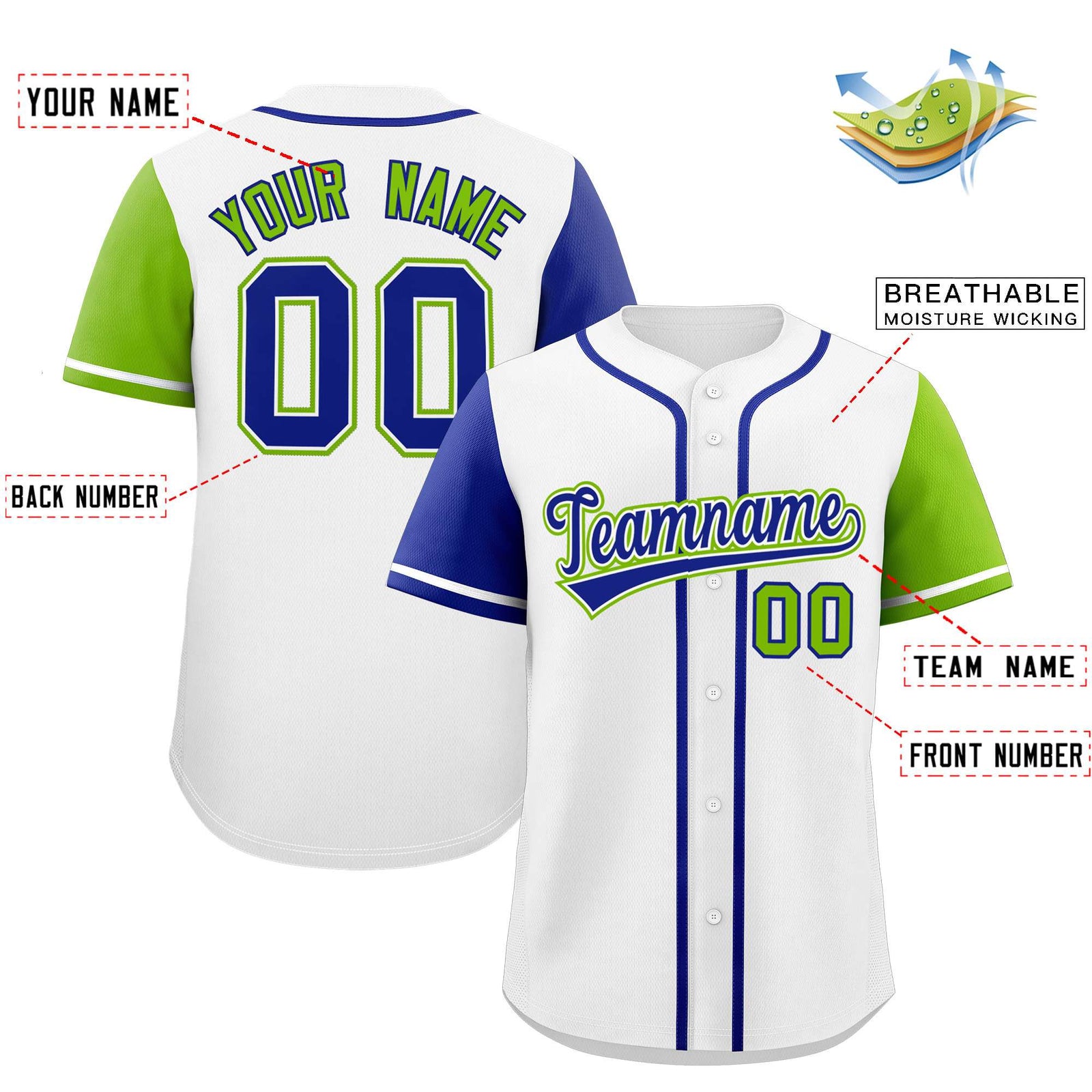Custom White Royal and Neon Green Raglan Sleeves Authentic Baseball Jersey