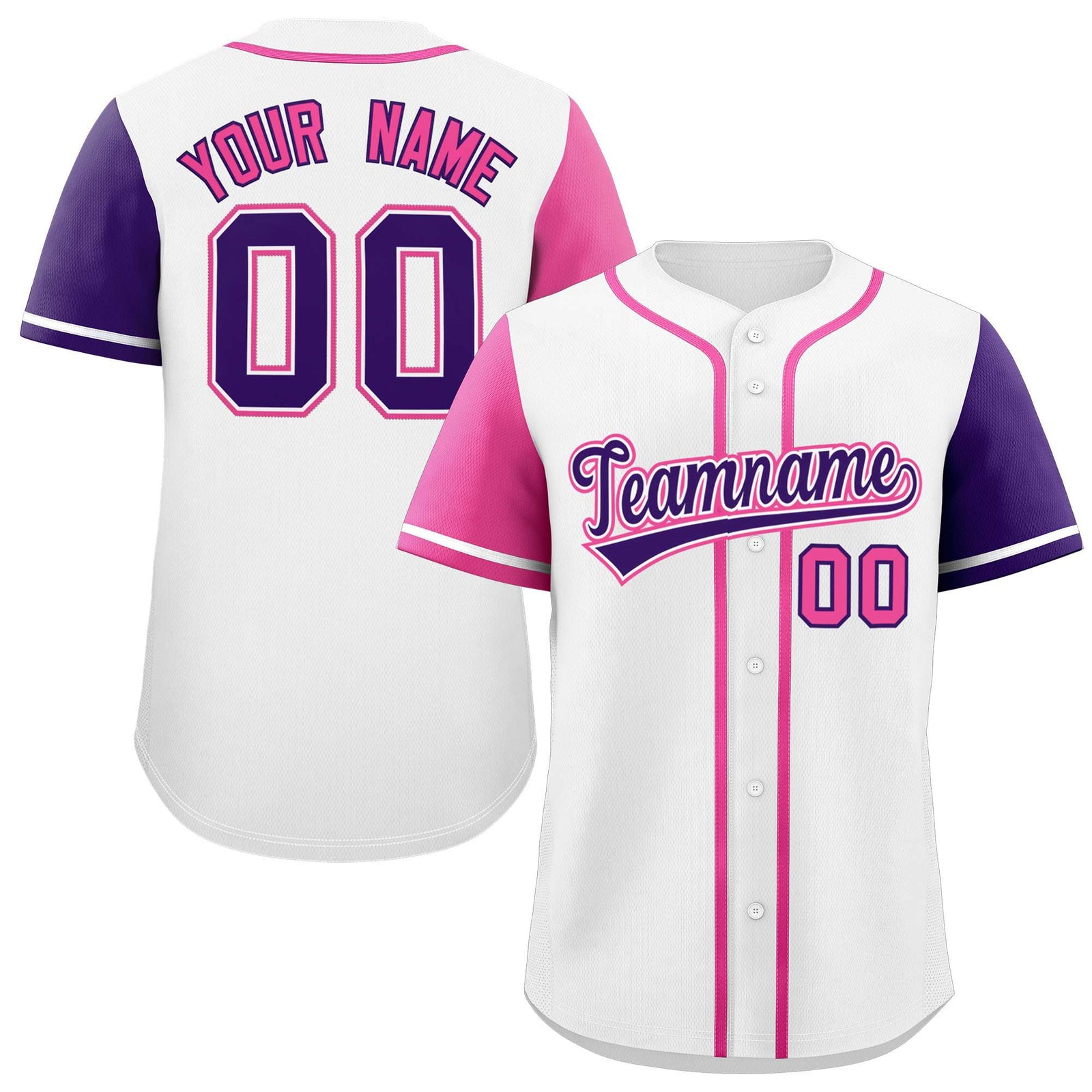 Custom White Pink and Purple Raglan Sleeves Authentic Baseball Jersey