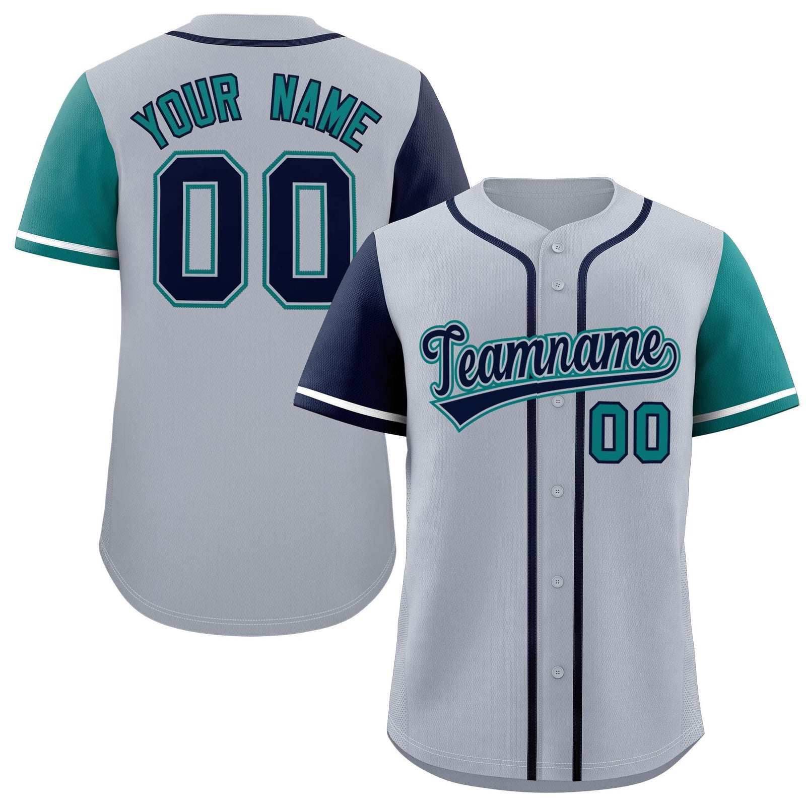 Custom Silver Navy and Aqua Raglan Sleeves Authentic Baseball Jersey