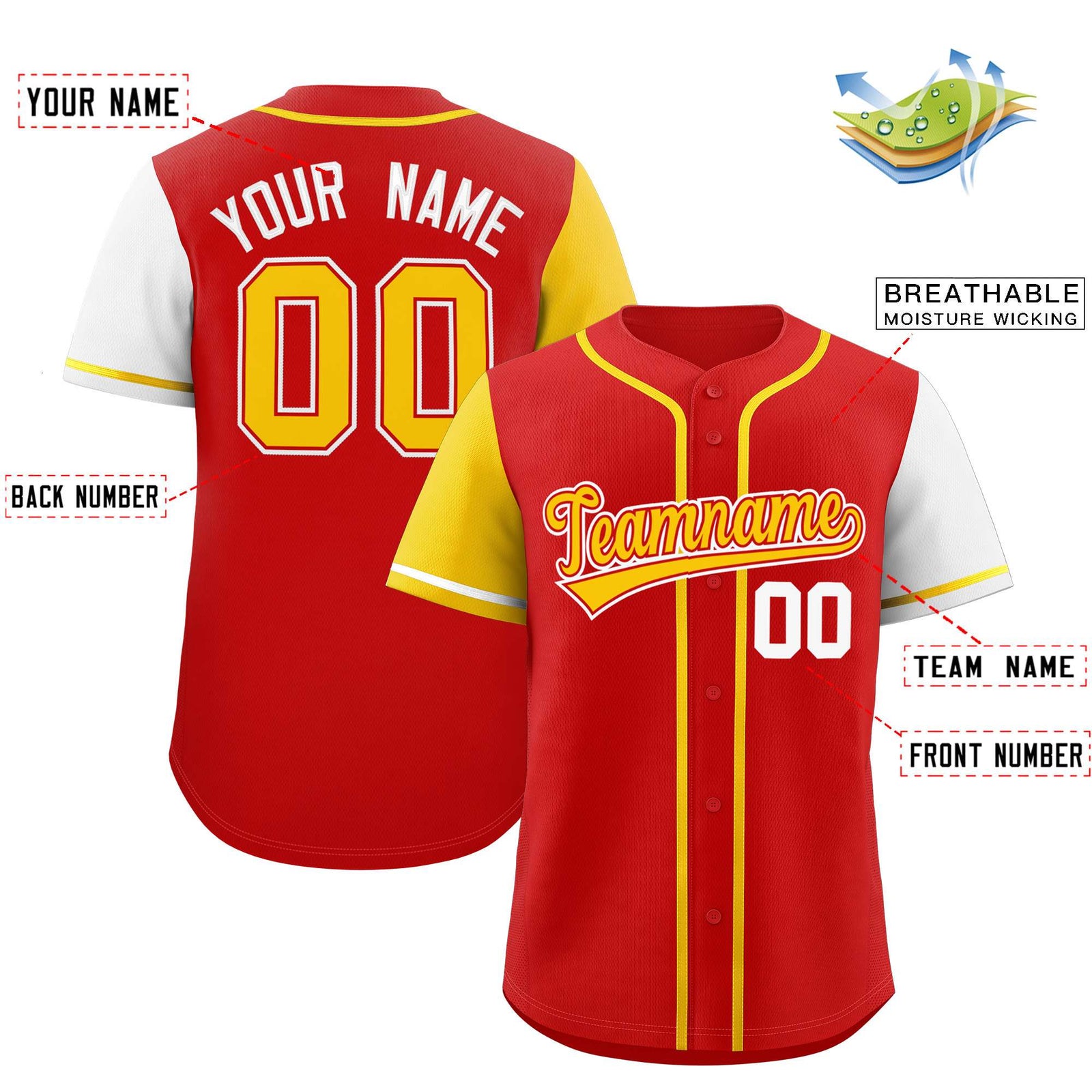 Custom Red Gold and White Raglan Sleeves Authentic Baseball Jersey