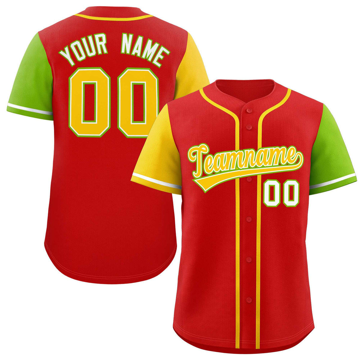 Custom Red Gold and Neon Green Raglan Sleeves Authentic Baseball Jersey