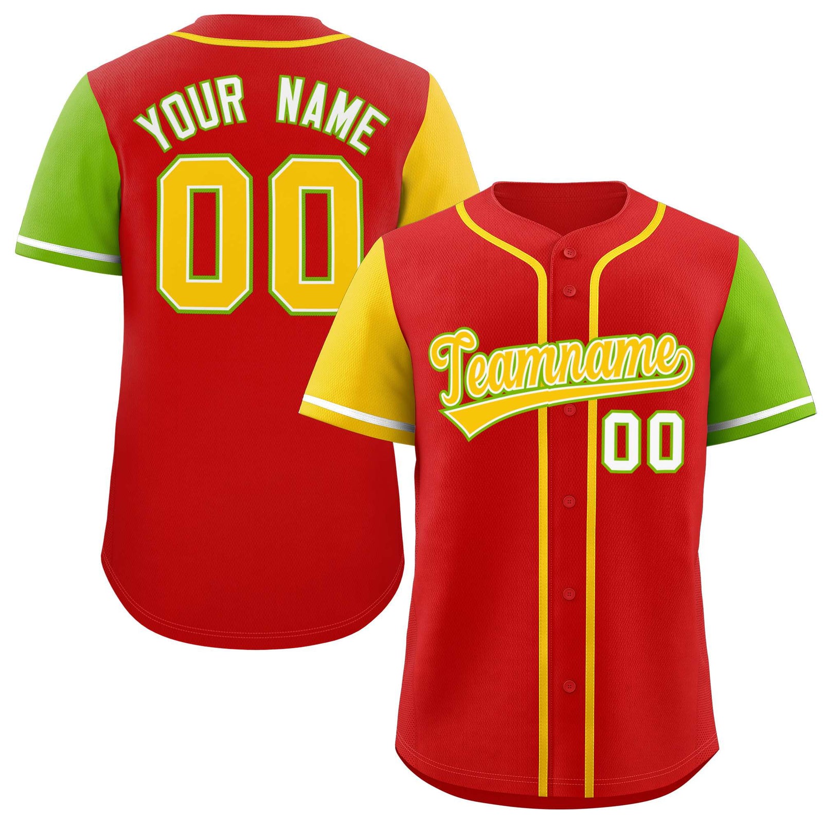 Custom Red Gold and Neon Green Raglan Sleeves Authentic Baseball Jersey