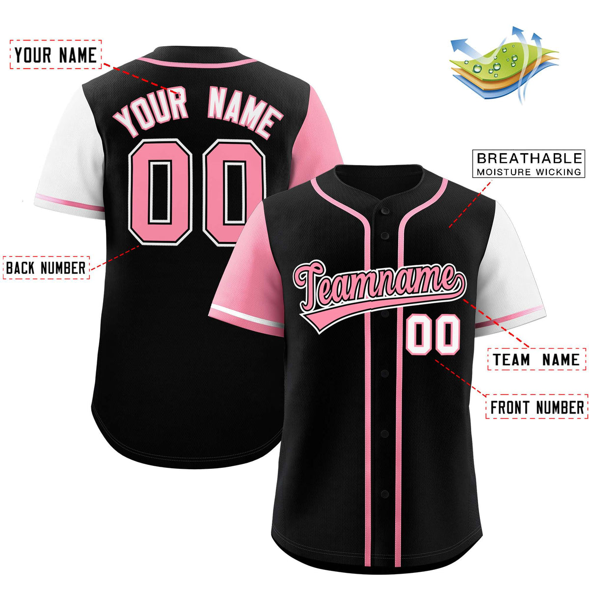 Custom Black Light Pink and White Raglan Sleeves Authentic Baseball Jersey