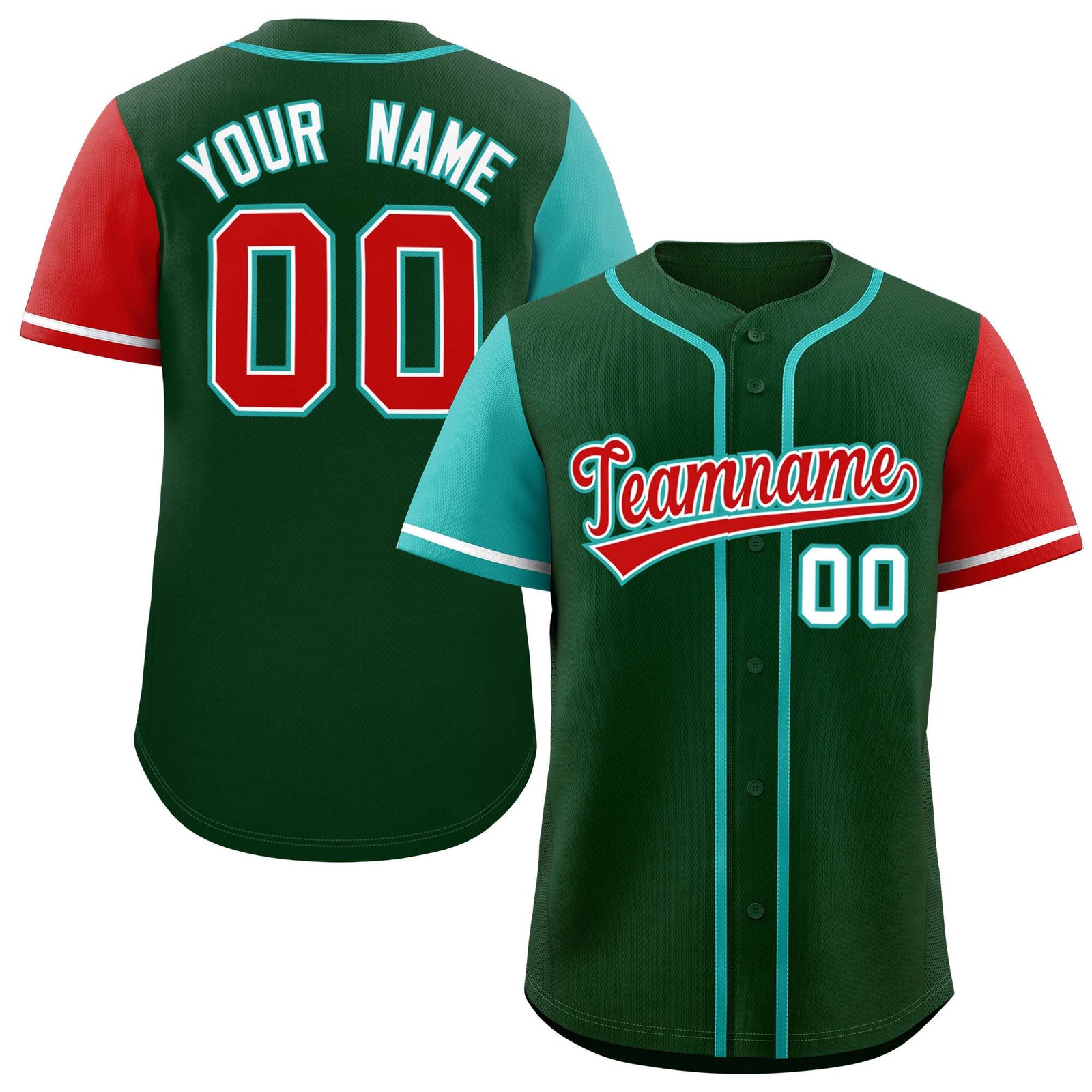 Custom Green Aqua and Red Raglan Sleeves Authentic Baseball Jersey