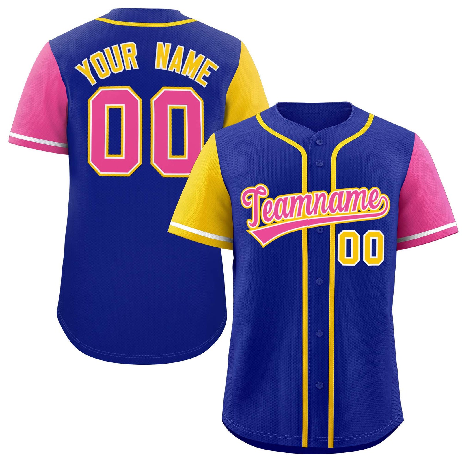Custom Royal Gold and Pink Raglan Sleeves Authentic Baseball Jersey