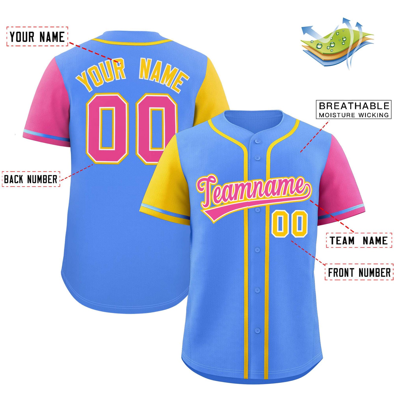 Custom Powder Blue Gold and Pink Raglan Sleeves Authentic Baseball Jersey