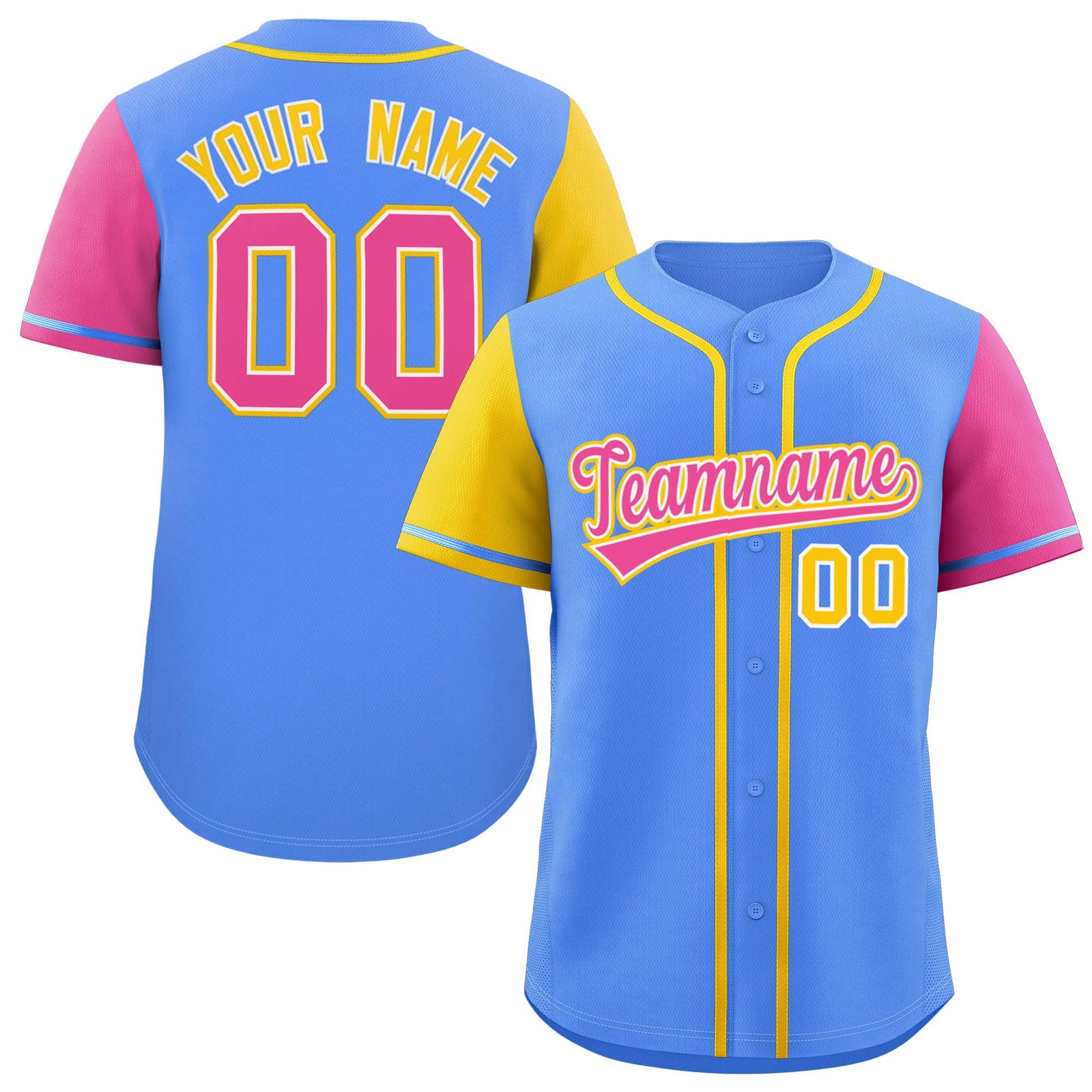 Custom Powder Blue Gold and Pink Raglan Sleeves Authentic Baseball Jersey
