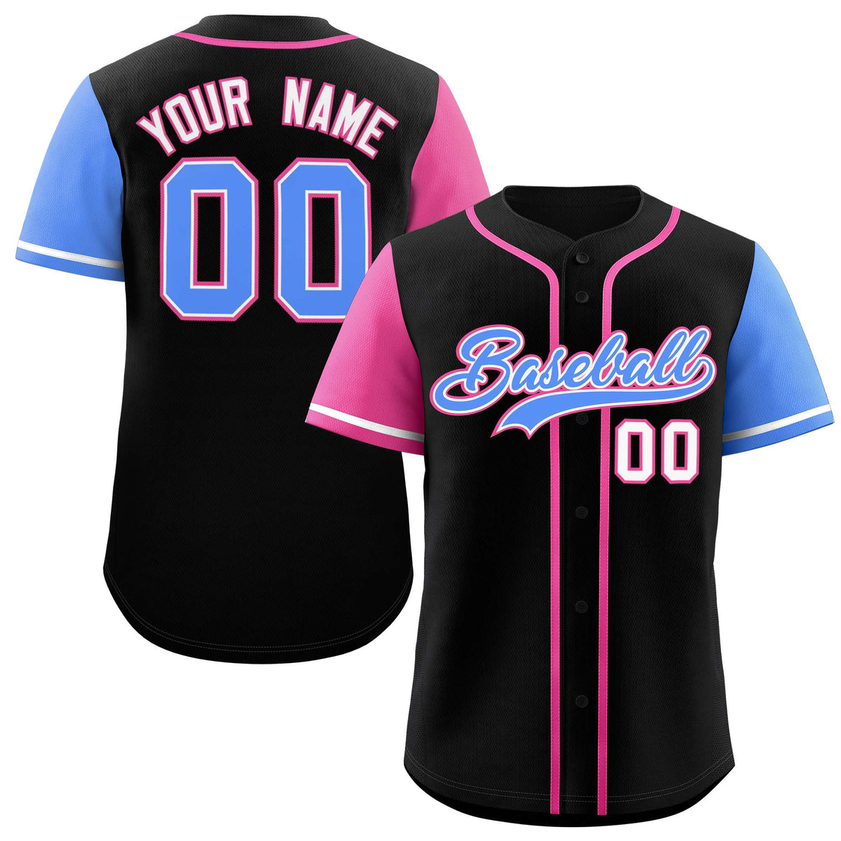 Custom Black Pink and Powder Blue Raglan Sleeves Authentic Baseball Jersey