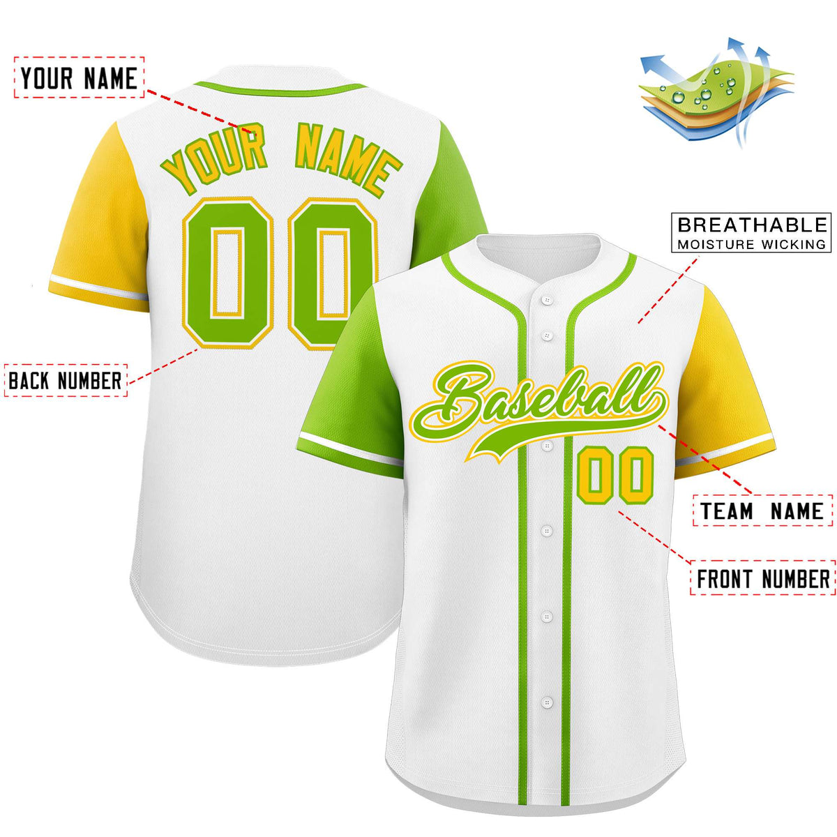 Custom White Neon Green and Gold Raglan Sleeves Authentic Baseball Jersey