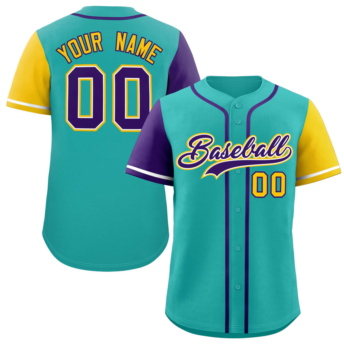 Custom Aqua Purple and Gold Raglan Sleeves Authentic Baseball Jersey