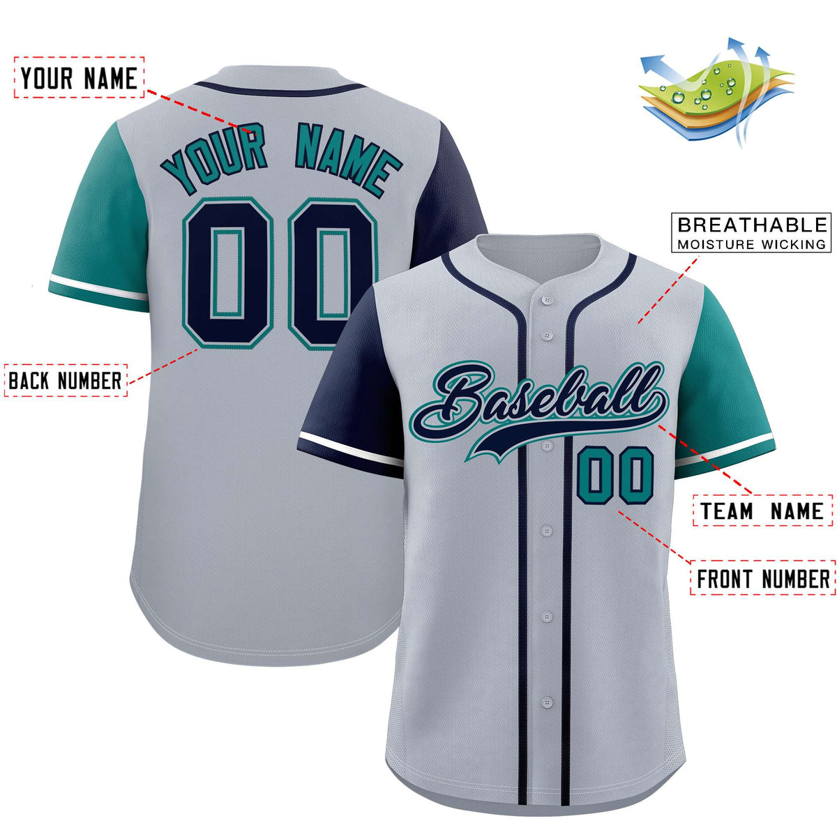 Custom Silver Navy and Aqua Raglan Sleeves Authentic Baseball Jersey