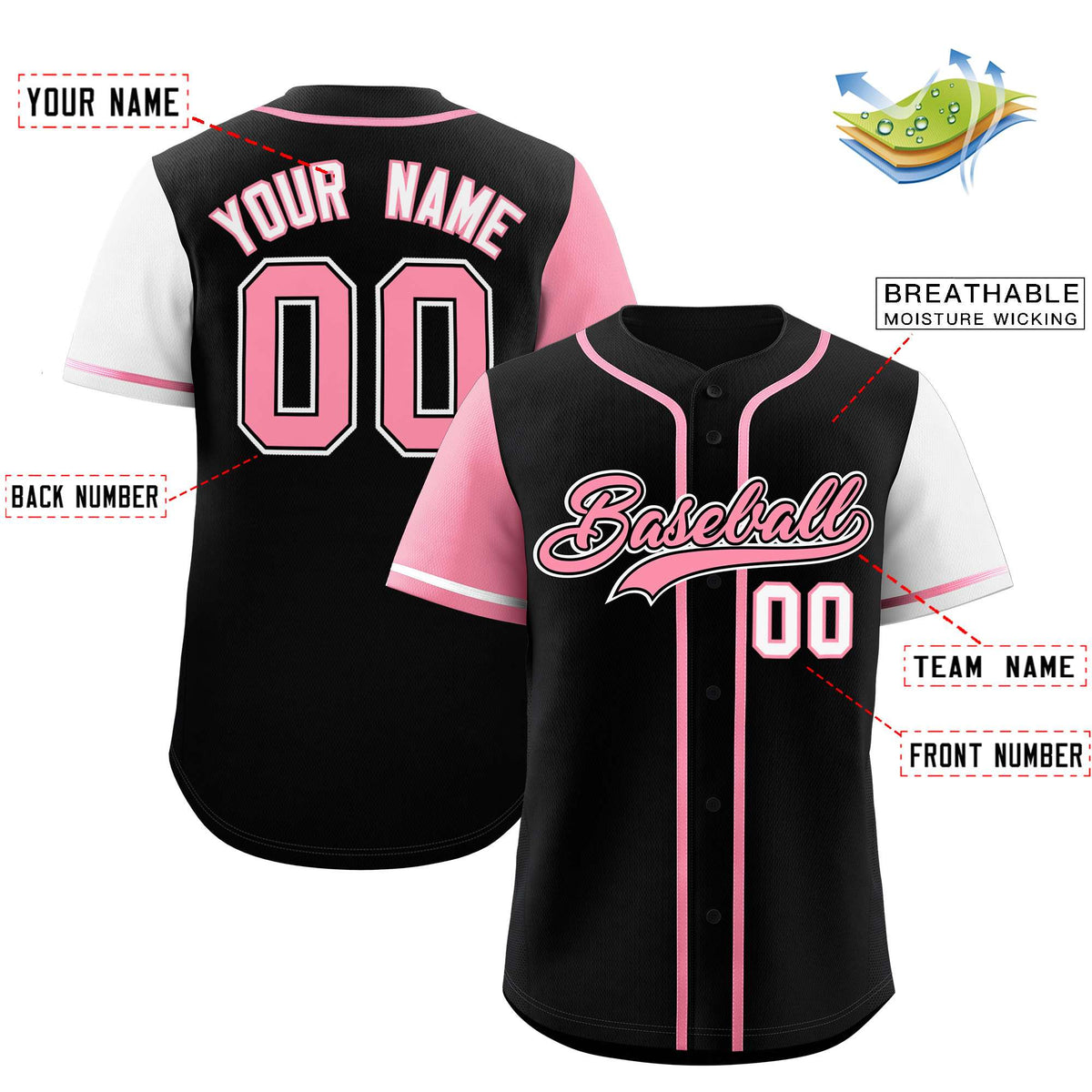 Custom Black Light Pink and White Raglan Sleeves Authentic Baseball Jersey