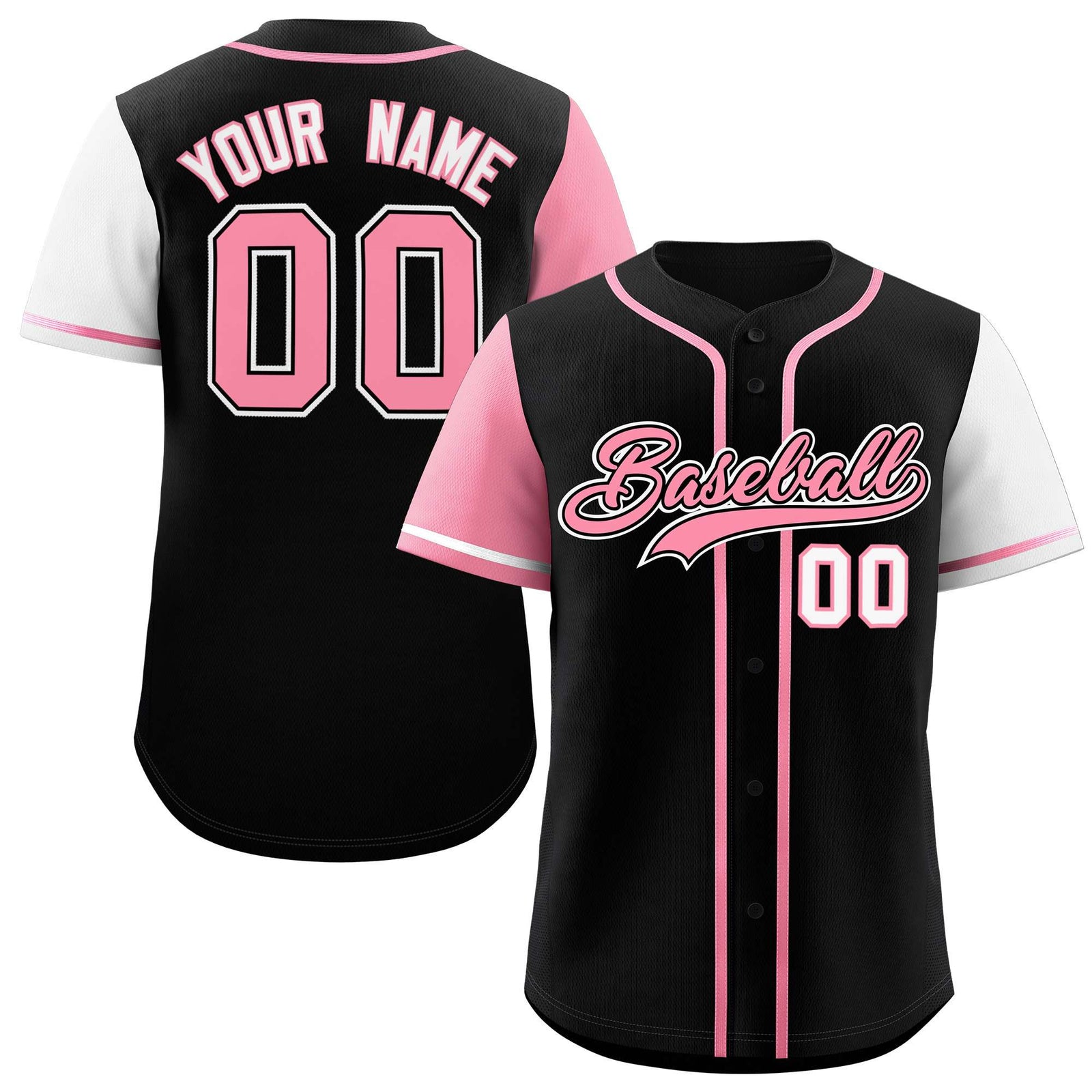 Custom Black Light Pink and White Raglan Sleeves Authentic Baseball Jersey