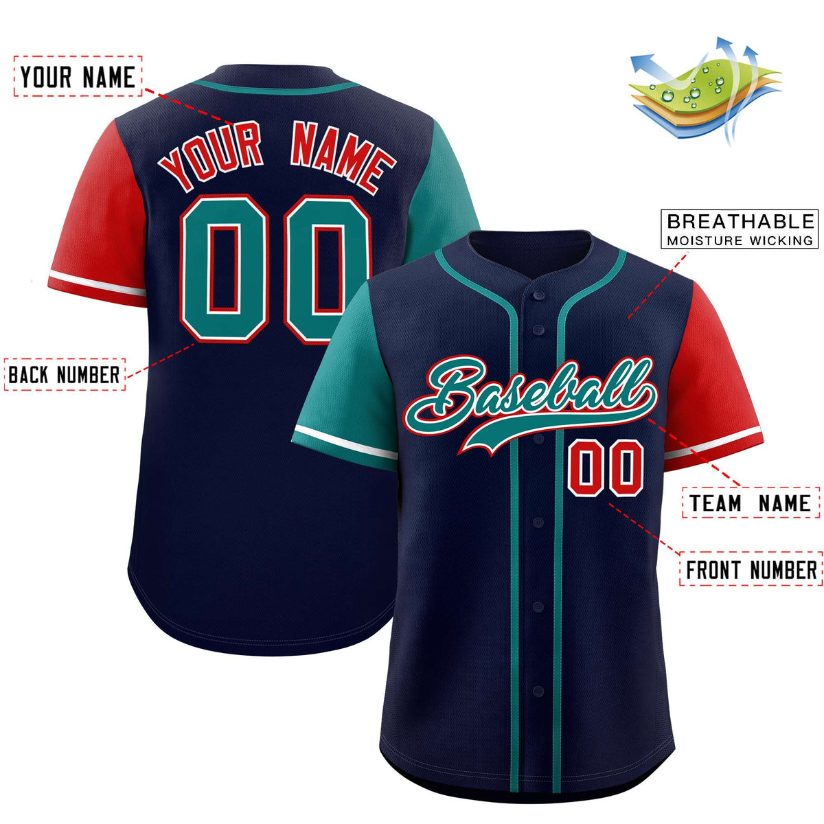 Custom Navy Aqua and Red Raglan Sleeves Authentic Baseball Jersey