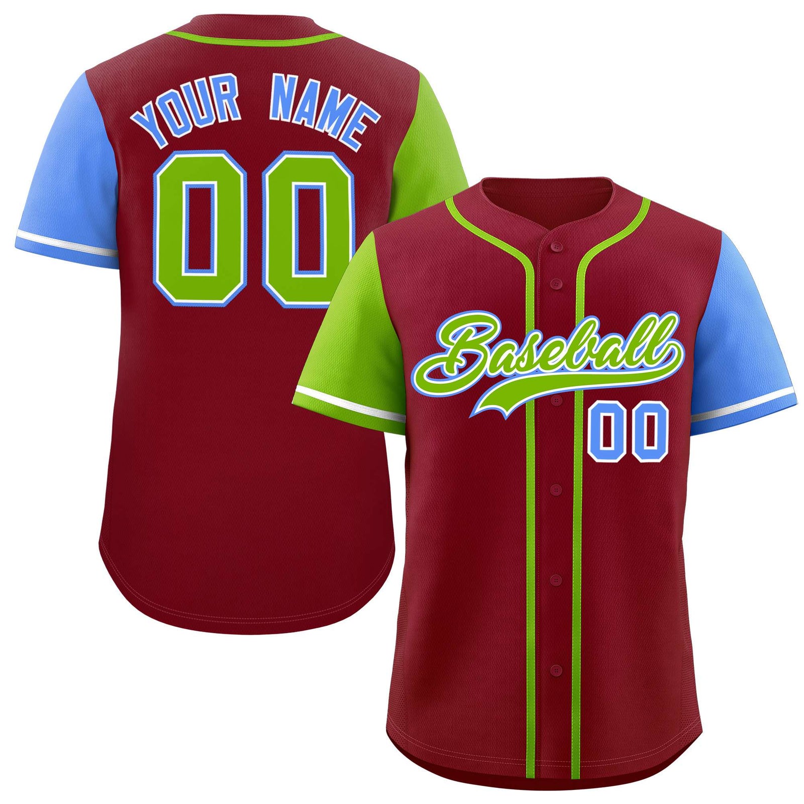 Custom Crimson Neon Green and Powder Blue Raglan Sleeves Authentic Baseball Jersey