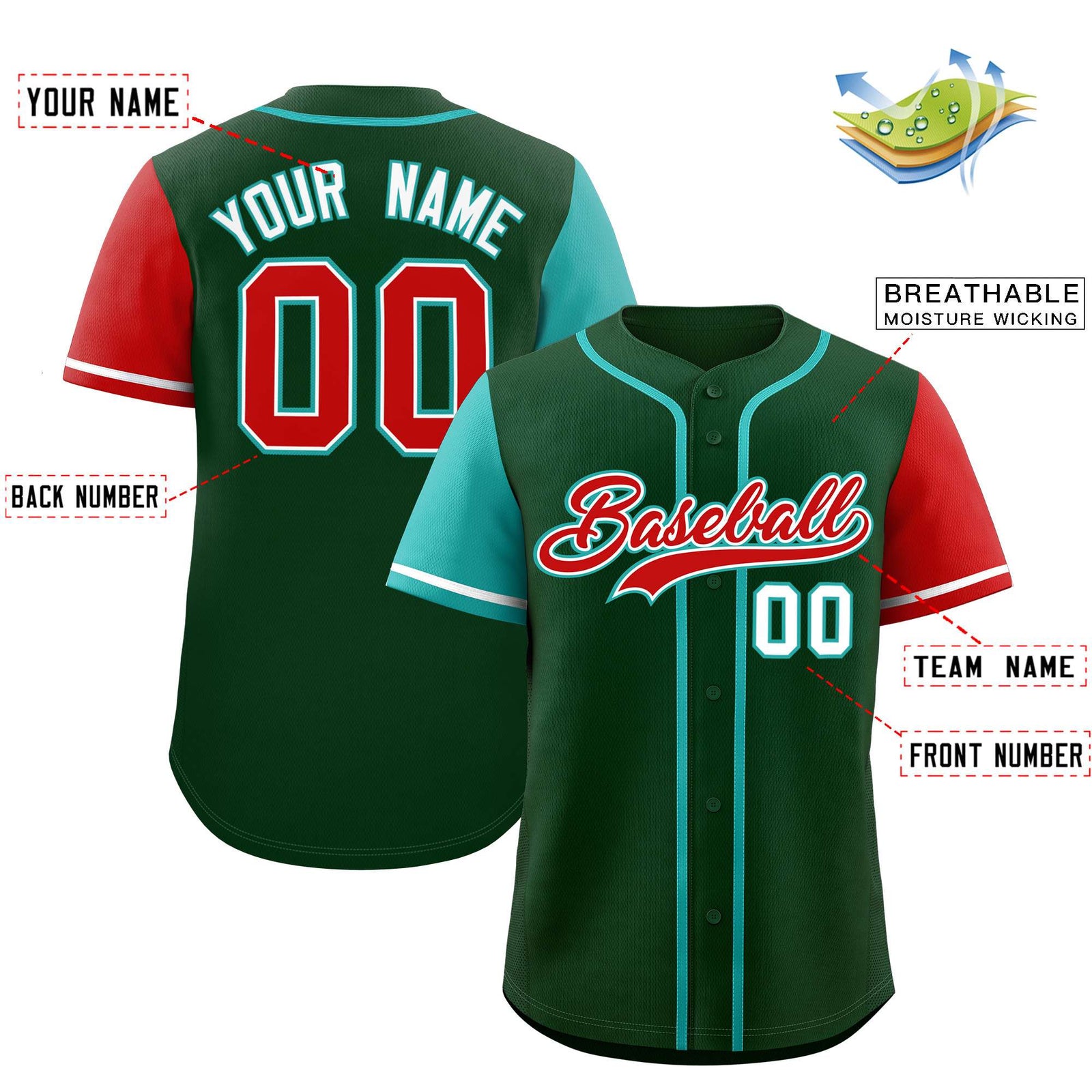 Custom Green Aqua and Red Raglan Sleeves Authentic Baseball Jersey