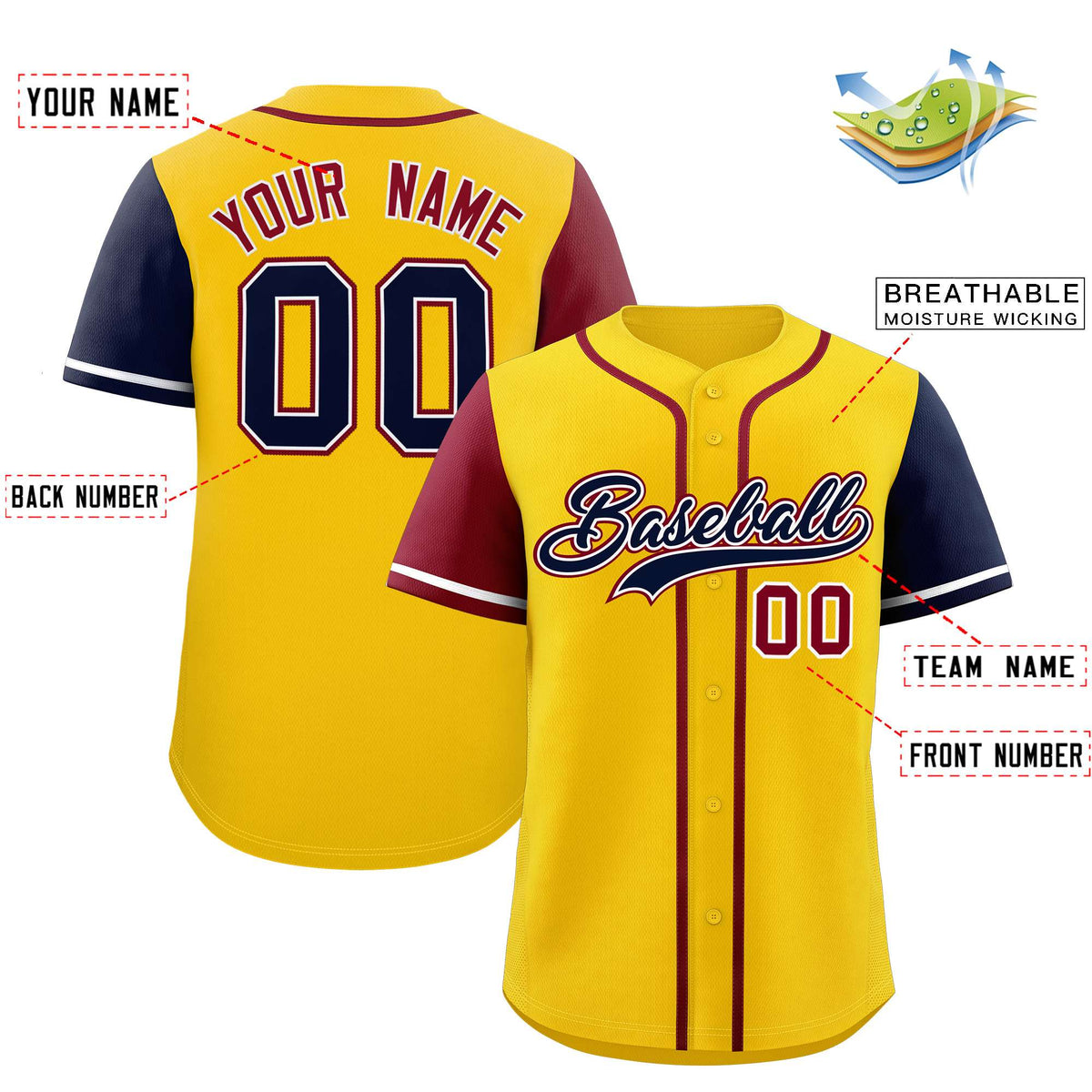 Custom Gold Crimson and Navy Raglan Sleeves Authentic Baseball Jersey