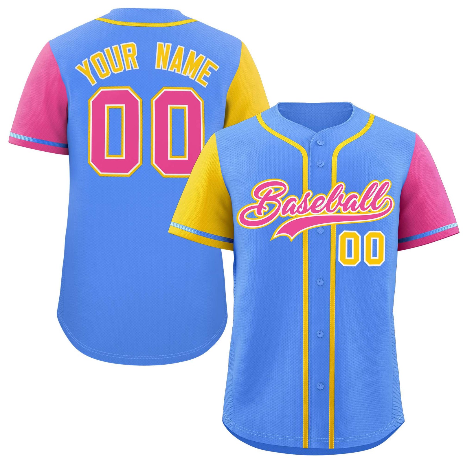 Custom Powder Blue Gold and Pink Raglan Sleeves Authentic Baseball Jersey