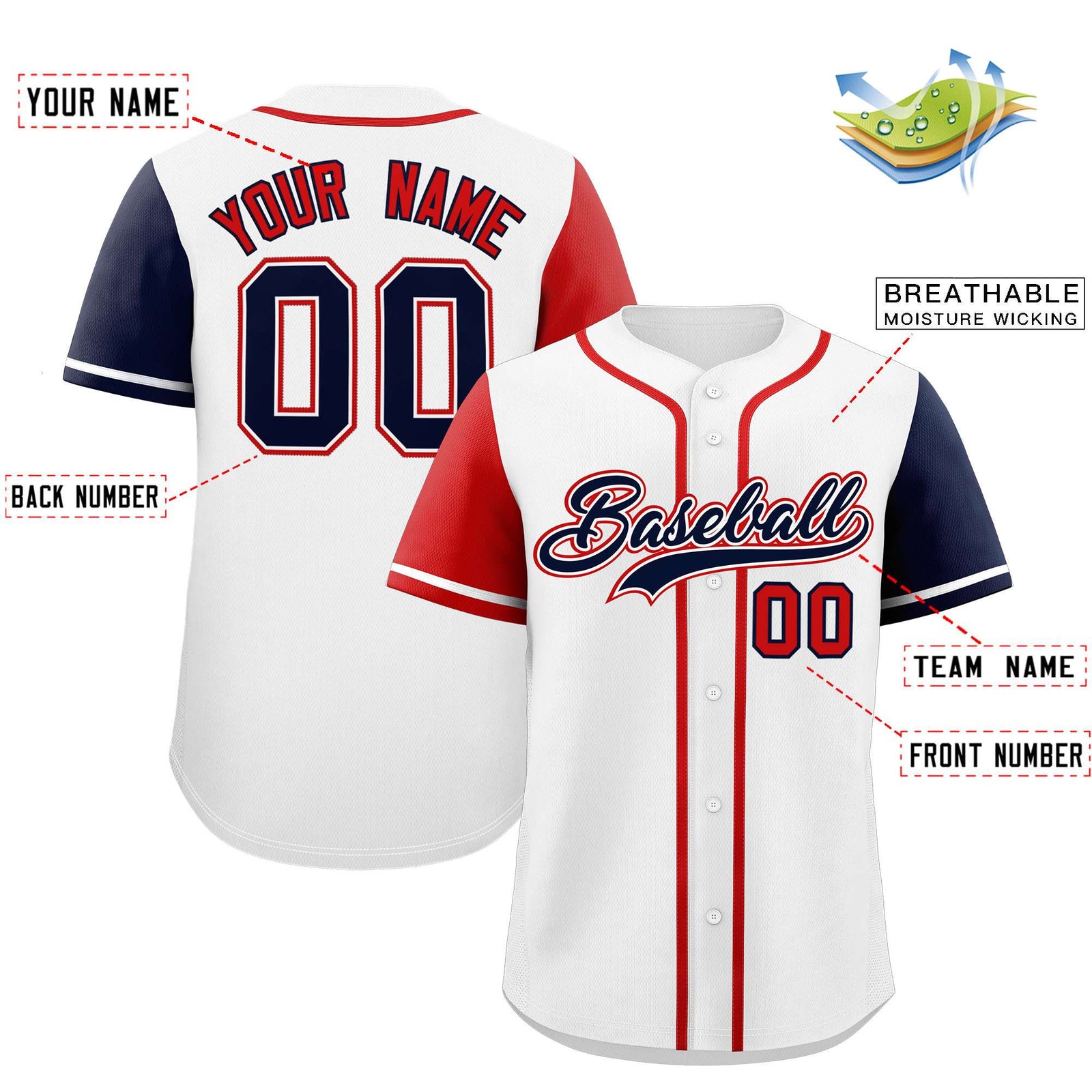 Custom White Red and Navy Raglan Sleeves Authentic Baseball Jersey