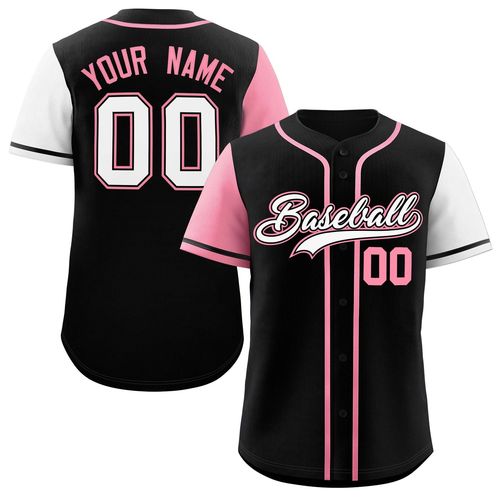 Custom Black Light Pink and White Raglan Sleeves Authentic Baseball Jersey