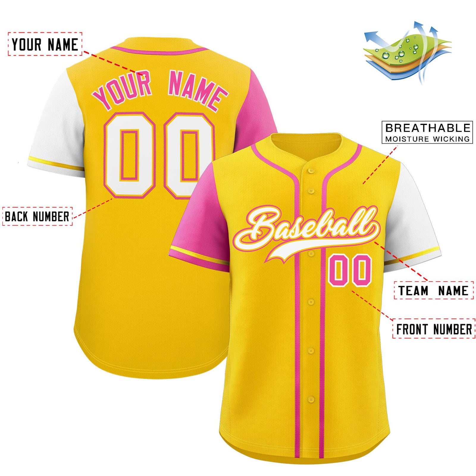 Custom Gold Pink and White Raglan Sleeves Authentic Baseball Jersey